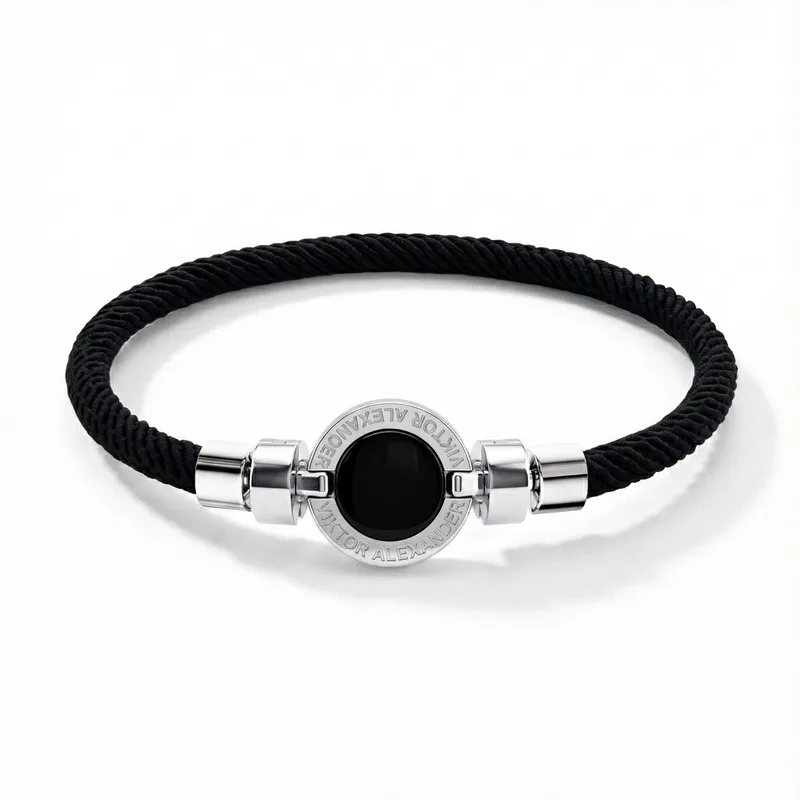 1889 Black Spinel 925 Silver Italian Nylon Bracelet