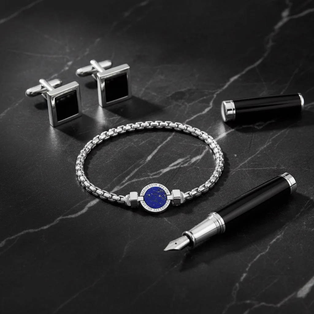 1889 Lapis Lazuli 925 Silver Chain Link Bracelet, view 8 – Viktor Alexander