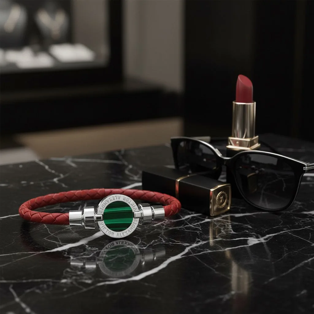 1889 Malachite 925 Silver Weaved Calf Bracelet, view 12 – Viktor Alexander