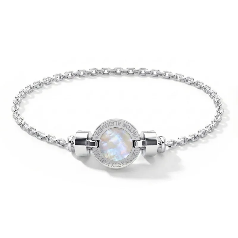 1889 Mother of Pearl 925 Silver Chain Link Bracelet
