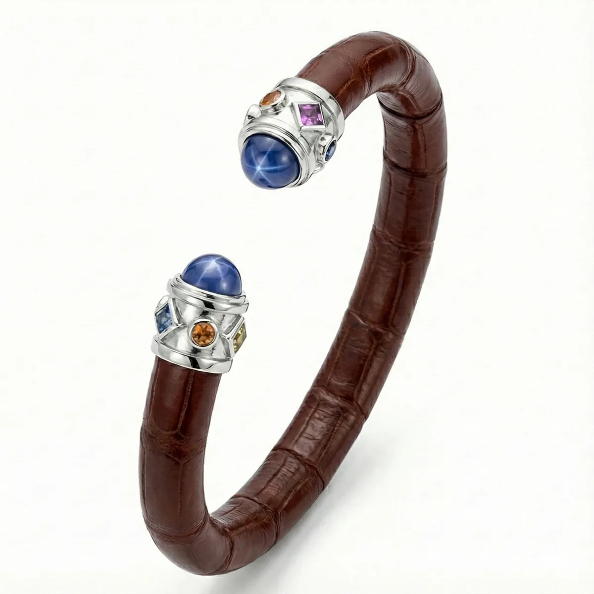 Alix 925 Blue Star Sapphire & Fancy Sapphire Stingray Bangle in Brown Crocodile, S (15.5-16.5cm) / Brown Crocodile, M (17-18.5cm) / Brown Crocodile, L (19-20.5cm) – Viktor Alexander