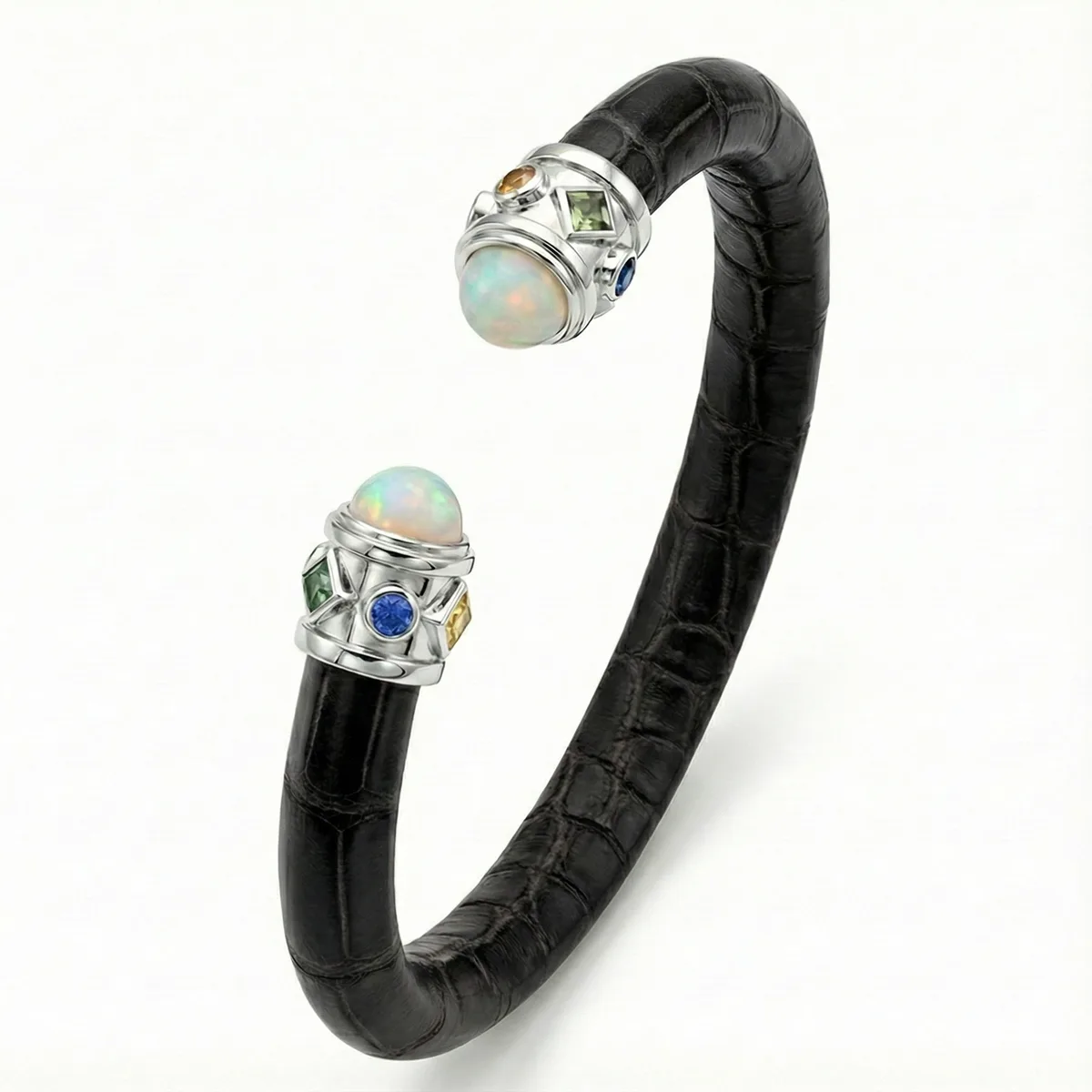 Alix 925 Ethiopian Opal & Fancy Sapphire Stingray Bangle in Black Crocodile, S (15.5-16.5cm) / Black Crocodile, M (17-18.5cm) / Black Crocodile, L (19-20.5cm) – Viktor Alexander