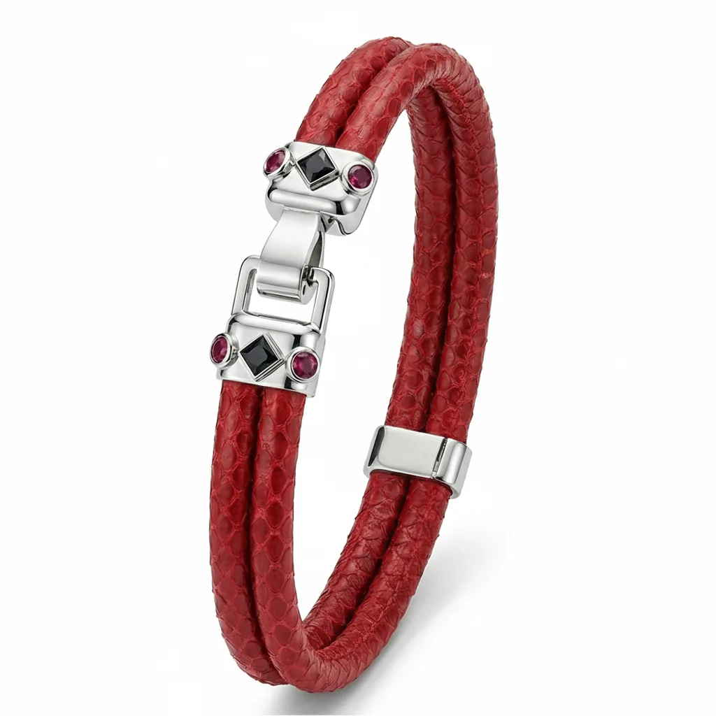 Duma 925 Silver Rubies with 4mm Red Python Leather, view 2 – Viktor Alexander