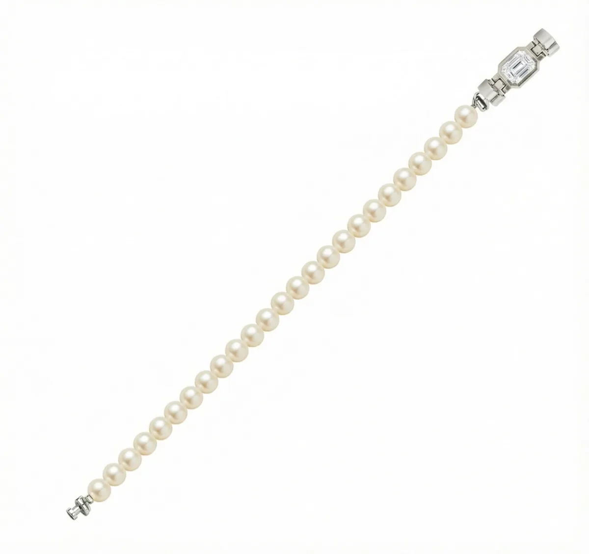 Jubilee 1.6 carat Emerald Cut Diamond with Natural 6mm Pearls in 18 carat Gold, view 2 – Viktor Alexander
