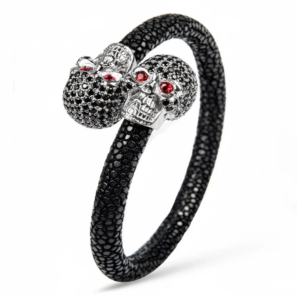 Skull Pave 925 White Sapphire & Ruby Stingray Bracelet, view 4 – Viktor Alexander