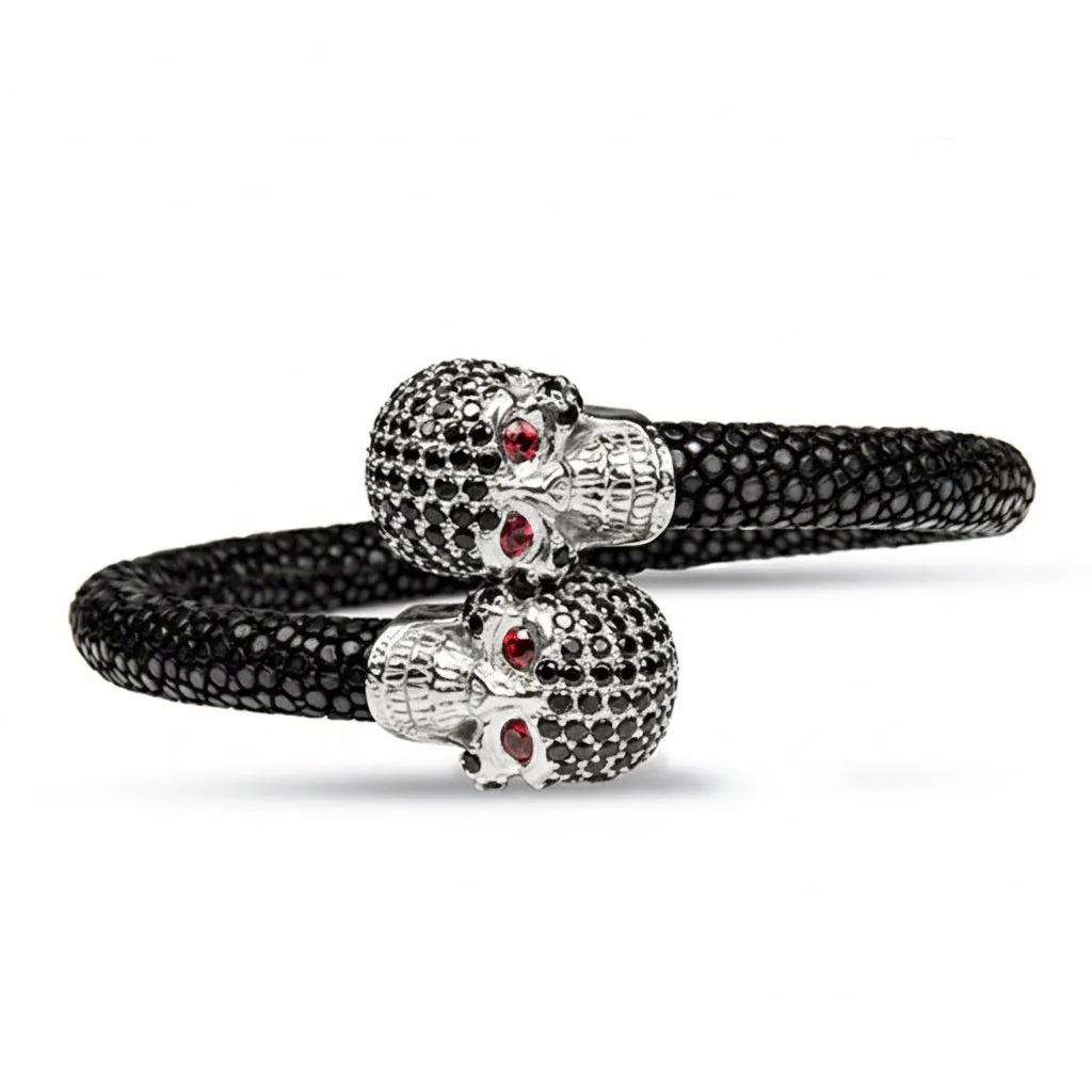 Skull Pave 925 White Sapphire & Ruby Stingray Bracelet, view 6 – Viktor Alexander