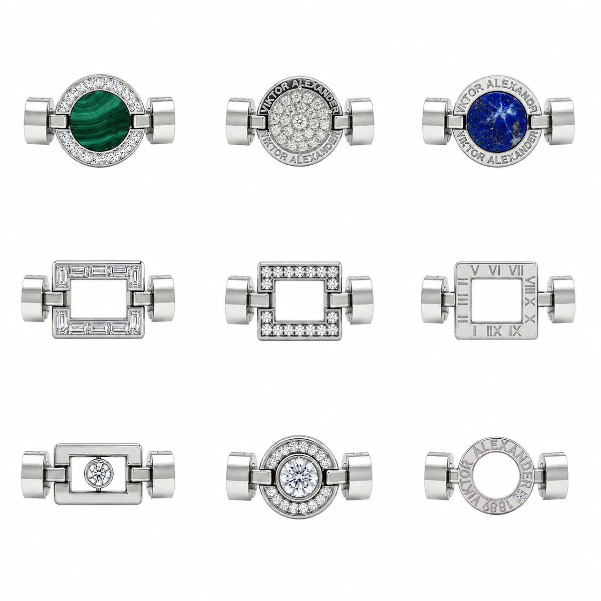 Viktor Alexander Regalia lockets: malachite, pavé diamond, lapis lazuli, baguette, Roman numeral and 1889