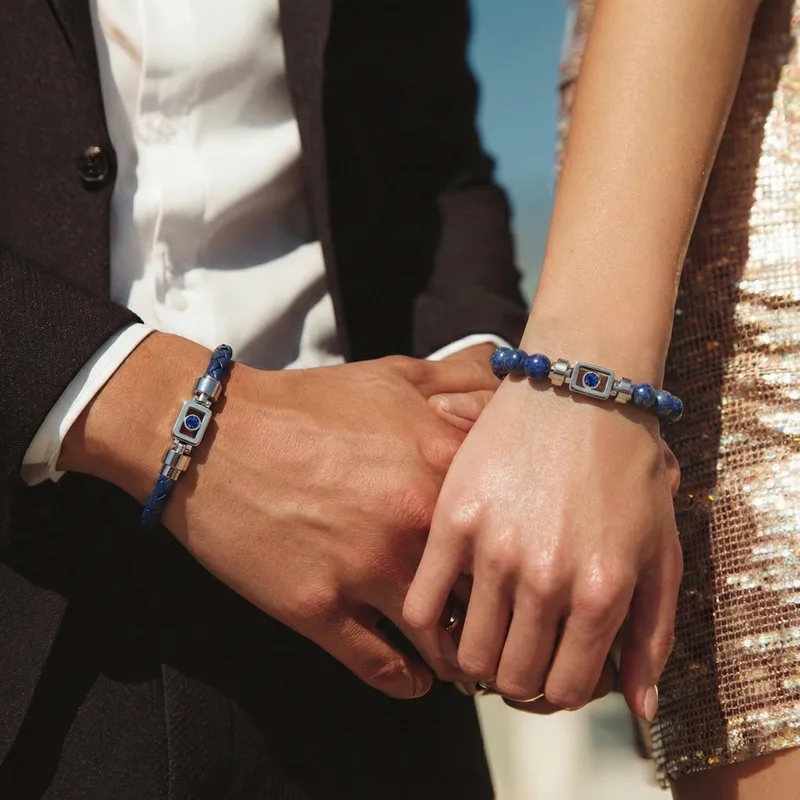 Blue Sapphire 925 silver with Weaved Calf XOXO bracelet worn on the wrist – the XOXO couple and friendship bracelet by Viktor Alexander