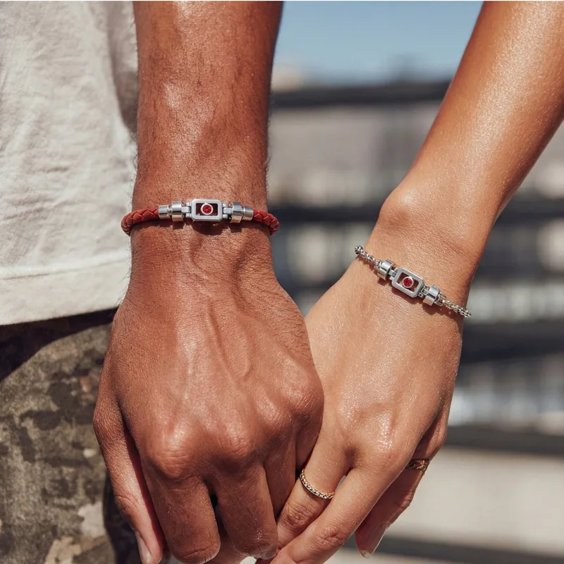 Ruby 925 silver with Weaved Calf XOXO bracelet worn on the wrist – the XOXO couple and friendship bracelet by Viktor Alexander